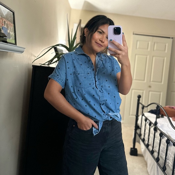 Madewell denim short sleeve tie front shirt heart print size XS extra small - Picture 13 of 14
